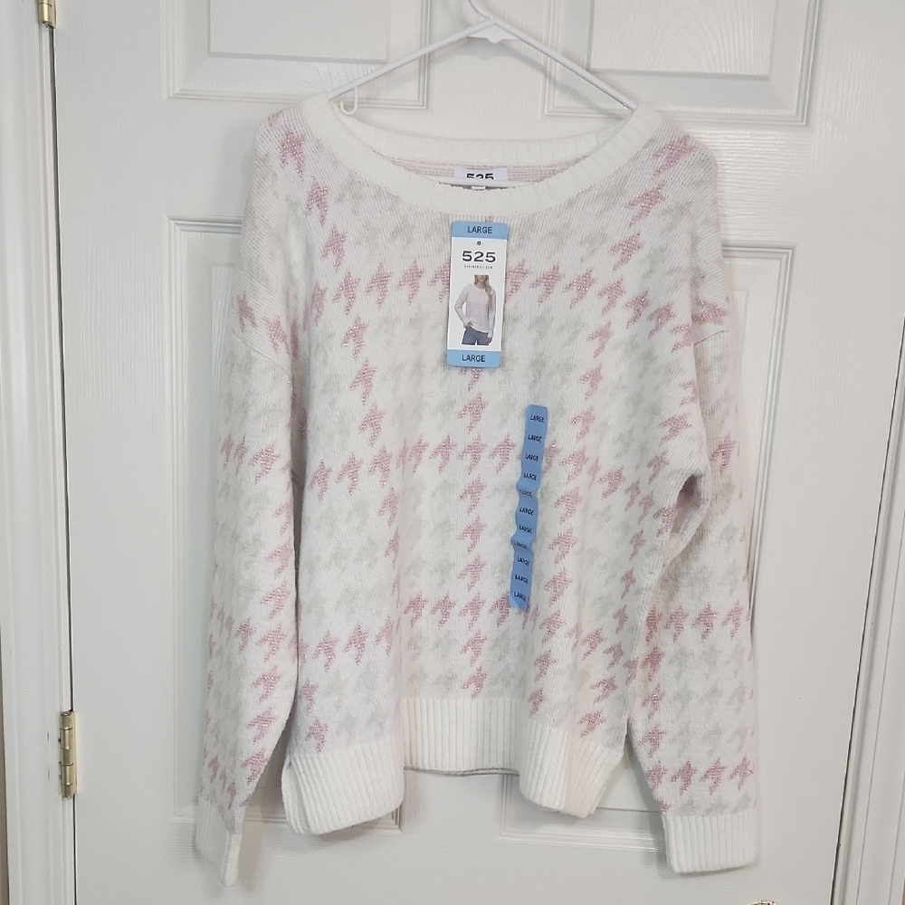 525 America Pink and White Crew Neck Sweater with Houndstooth Pattern